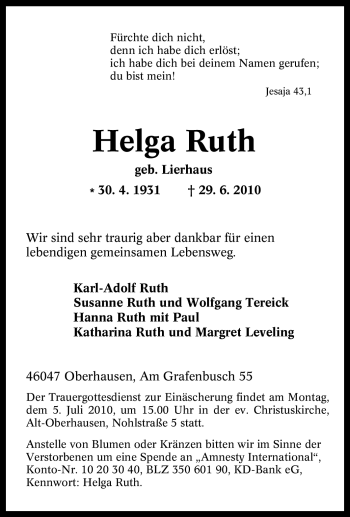 Traueranzeige von Helga Ruth von Tageszeitung