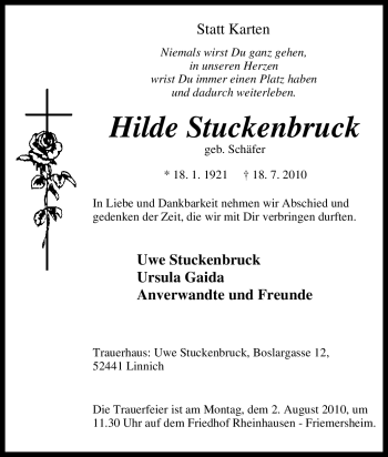 Traueranzeige von Hilde Stuckenbruck von Tageszeitung