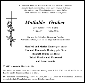 Traueranzeige von Mathilde Grüber von Tageszeitung