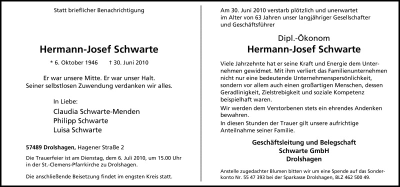  Traueranzeige für Hermann-Josef Schwarte vom 03.07.2010 aus Tageszeitung