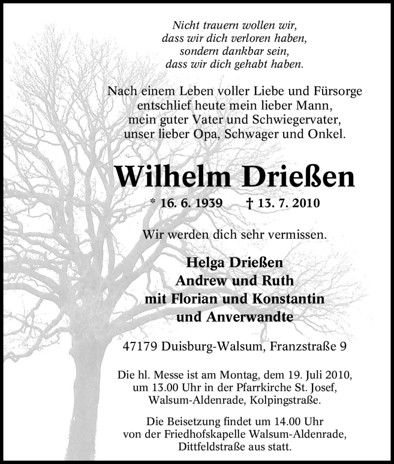  Traueranzeige für Wilhelm Drießen vom 16.07.2010 aus Tageszeitung