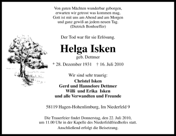 Traueranzeige von Helga Isken von Tageszeitung