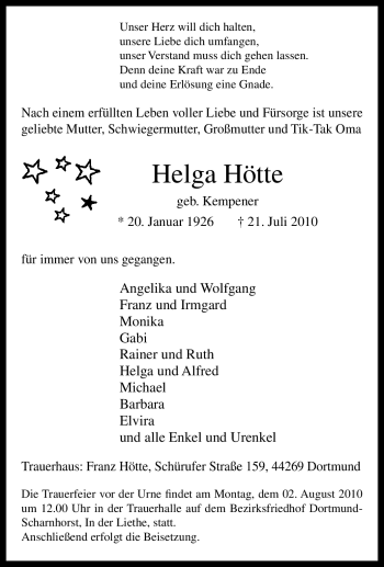 Traueranzeige von Helga Hötte von Tageszeitung