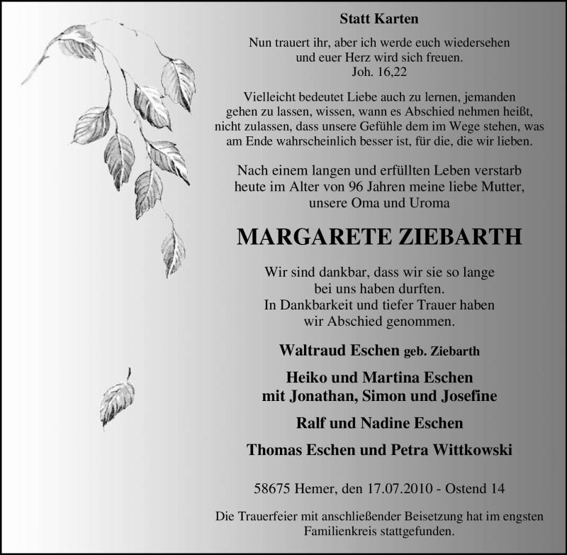  Traueranzeige für Margarete Ziebarth vom 23.07.2010 aus Tageszeitung