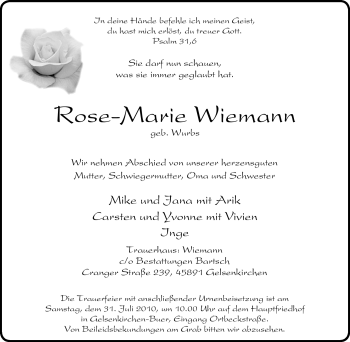 Traueranzeige von Rose-Marie Wiemann von Tageszeitung