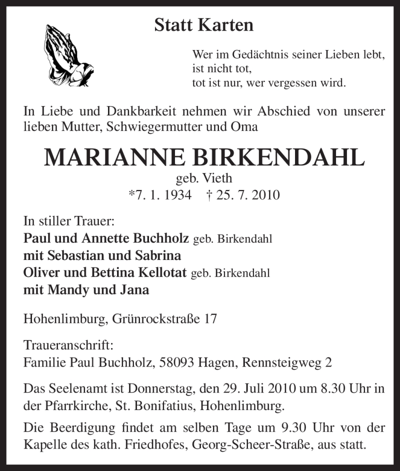  Traueranzeige für Marianne Birkendahl vom 27.07.2010 aus Tageszeitung