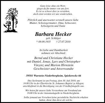 Traueranzeige von Barbara Hecker von Tageszeitung