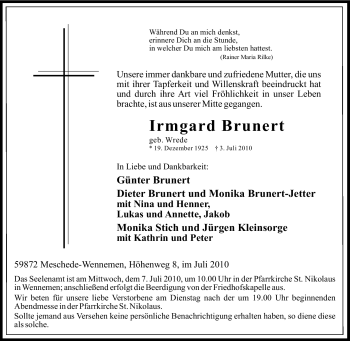 Traueranzeige von Irmgard Brunert von Tageszeitung