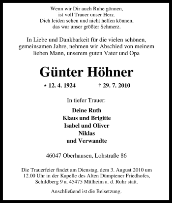 Traueranzeige von Günter Höhner von Tageszeitung