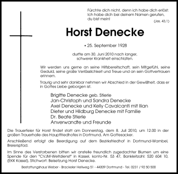 Traueranzeige von Horst Denecke von Tageszeitung