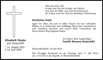 Traueranzeige von Elisabeth Nieder von Tageszeitung