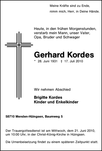 Traueranzeige von Gerhard Kordes von Tageszeitung