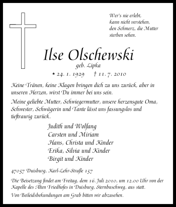 Traueranzeige von Ilse Olschewski von Tageszeitung