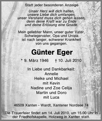 Traueranzeige von Günter Eger von Tageszeitung