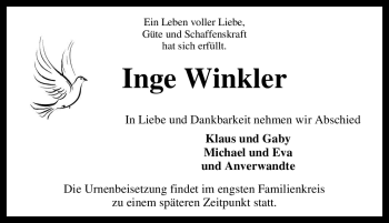 Traueranzeige von Inge Winkler von Tageszeitung