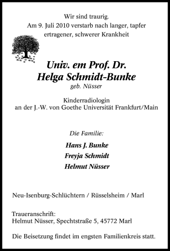 Traueranzeige von Helga Schmidt-Bunke von Tageszeitung