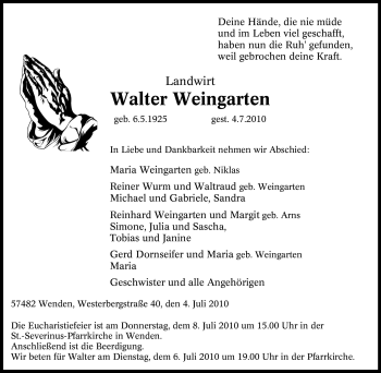 Traueranzeige von Walter Weingarten von Tageszeitung