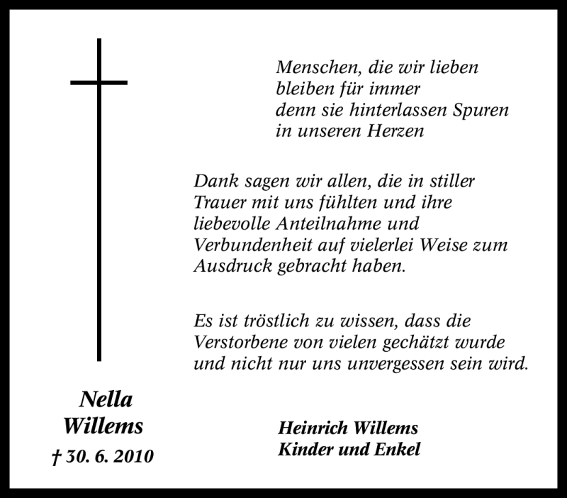  Traueranzeige für Nella Willems vom 17.07.2010 aus Tageszeitung