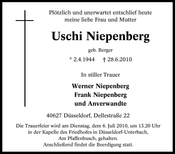 Traueranzeige von Uschi Niepenberg von Tageszeitung
