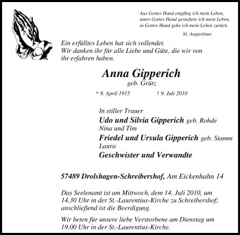 Traueranzeige von Anna Gipperich von Tageszeitung