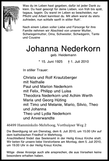 Traueranzeige von Johanna Nederkorn von Tageszeitung