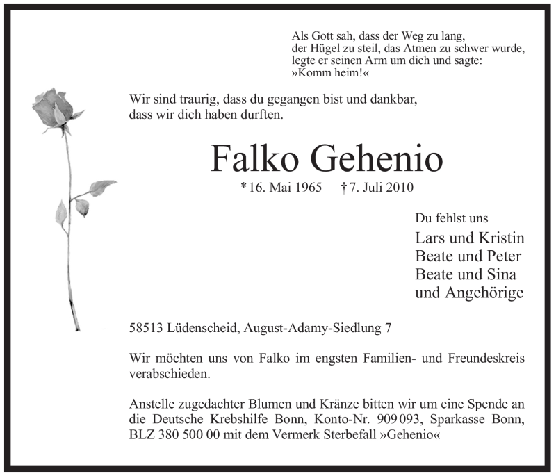  Traueranzeige für Falko Gehenio vom 09.07.2010 aus Tageszeitung