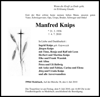 Traueranzeige von Manfred Knips von Tageszeitung