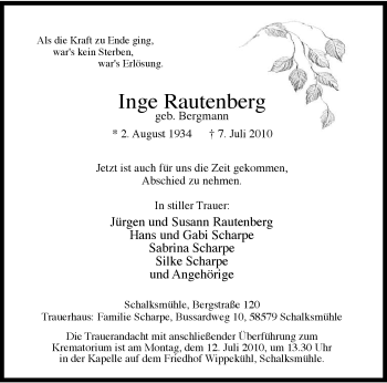 Traueranzeige von Inge Rautenberg von Tageszeitung