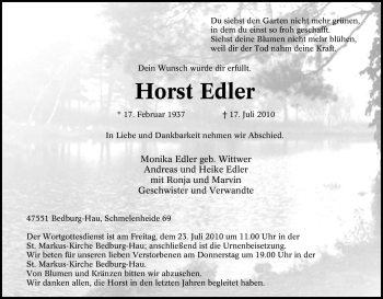 Traueranzeige von Horst Edler von Tageszeitung