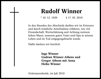 Traueranzeige von Rudolf Winner von Tageszeitung