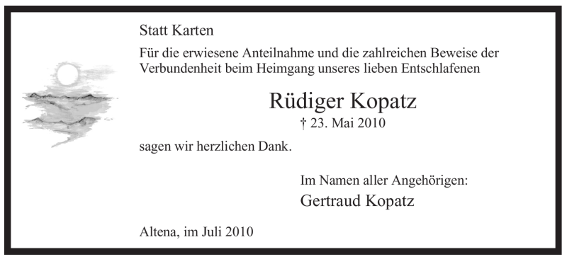  Traueranzeige für Rüdiger Kopatz vom 09.07.2010 aus Tageszeitung