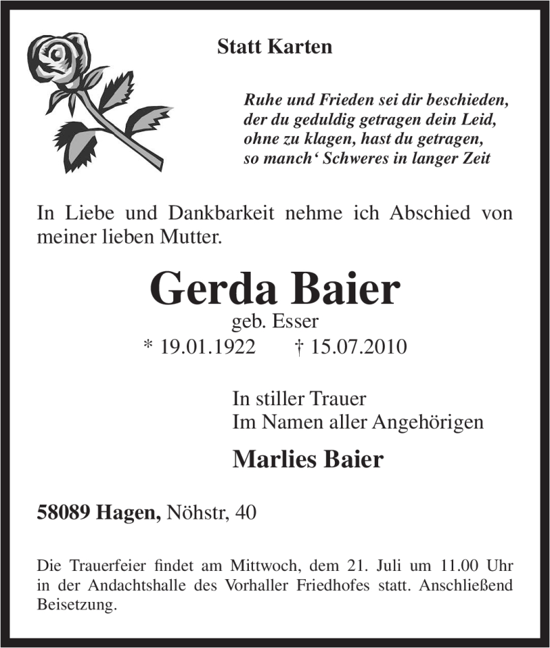  Traueranzeige für Gerda Baier vom 17.07.2010 aus Tageszeitung
