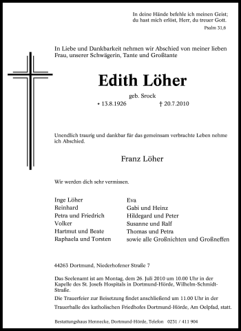 Traueranzeige von Edith Löher von Tageszeitung