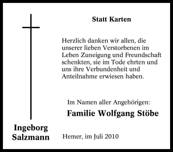 Traueranzeige von Ingeborg Salzmann von Tageszeitung