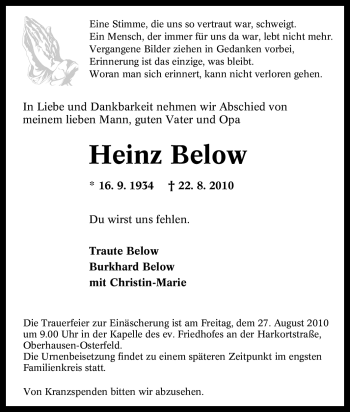 Traueranzeige von Heinz Below von Tageszeitung