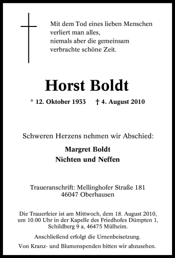 Traueranzeige von Horst Boldt von Tageszeitung