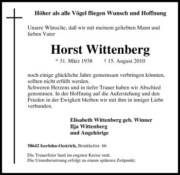 Traueranzeige von Horst Wittenberg von Tageszeitung
