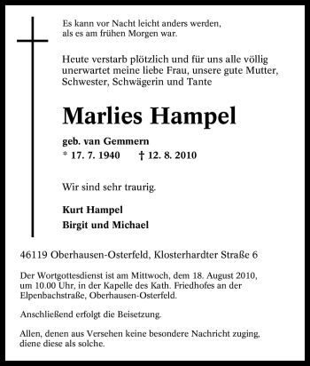 Traueranzeige von Marlies Hampel von Tageszeitung