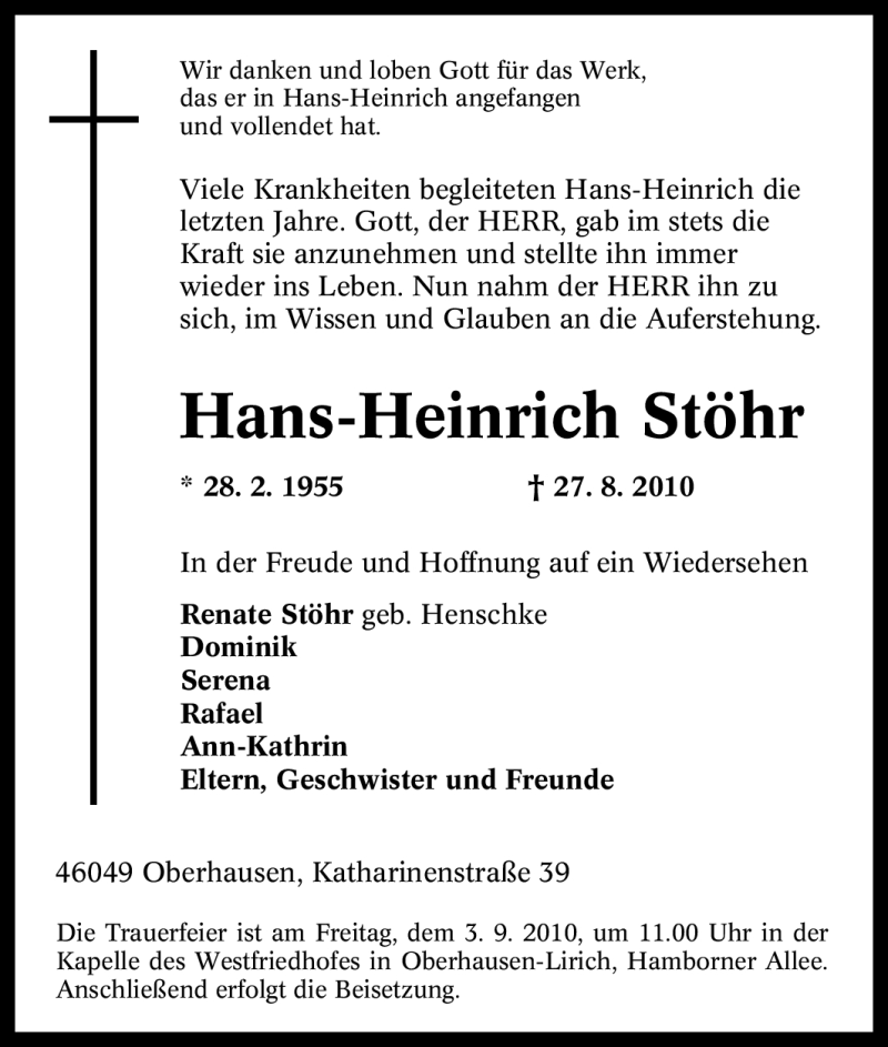  Traueranzeige für Hans-Heinrich Stöhr vom 31.08.2010 aus Tageszeitung