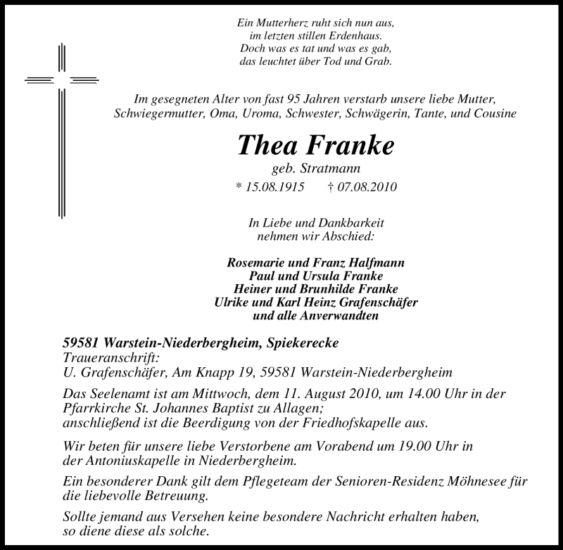  Traueranzeige für Thea Franke vom 09.08.2010 aus Tageszeitung