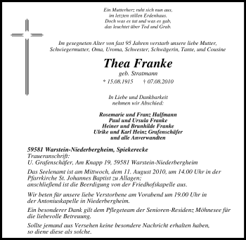 Traueranzeige von Thea Franke von Tageszeitung