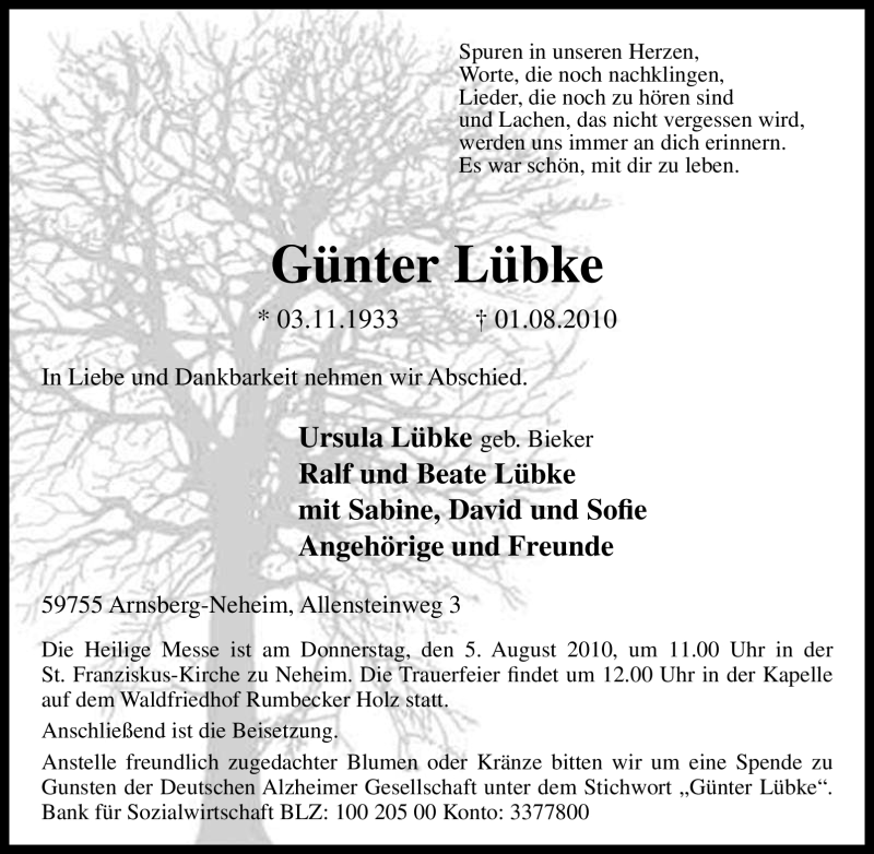  Traueranzeige für Günter Lübke vom 03.08.2010 aus Tageszeitung