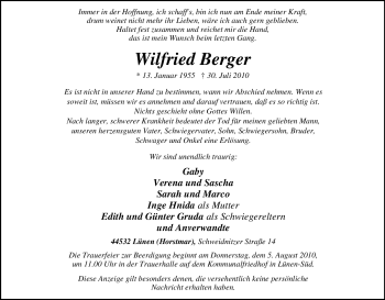 Traueranzeige von Wilfried Berger von Tageszeitung