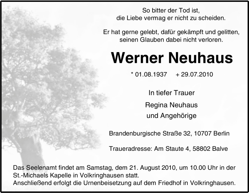  Traueranzeige für Werner Neuhaus vom 17.08.2010 aus Tageszeitung
