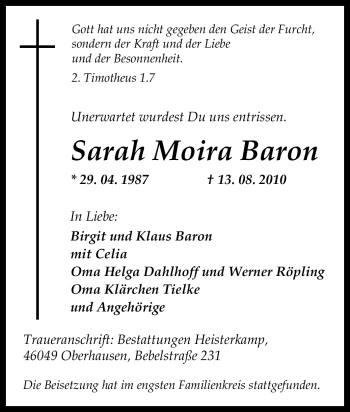 Traueranzeige von Sarah Moira Baron von Tageszeitung