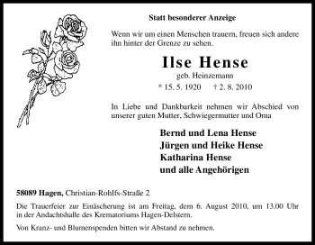 Traueranzeige von Ilse Hense von Tageszeitung