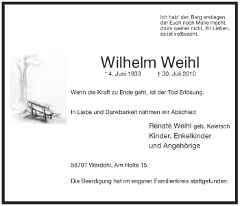 Traueranzeige von Wilhelm Weihl von Tageszeitung