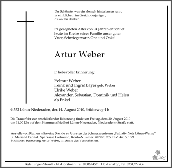 Traueranzeige von Artur Weber von Tageszeitung