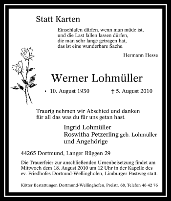 Traueranzeige von Werner Lohmüller von Tageszeitung