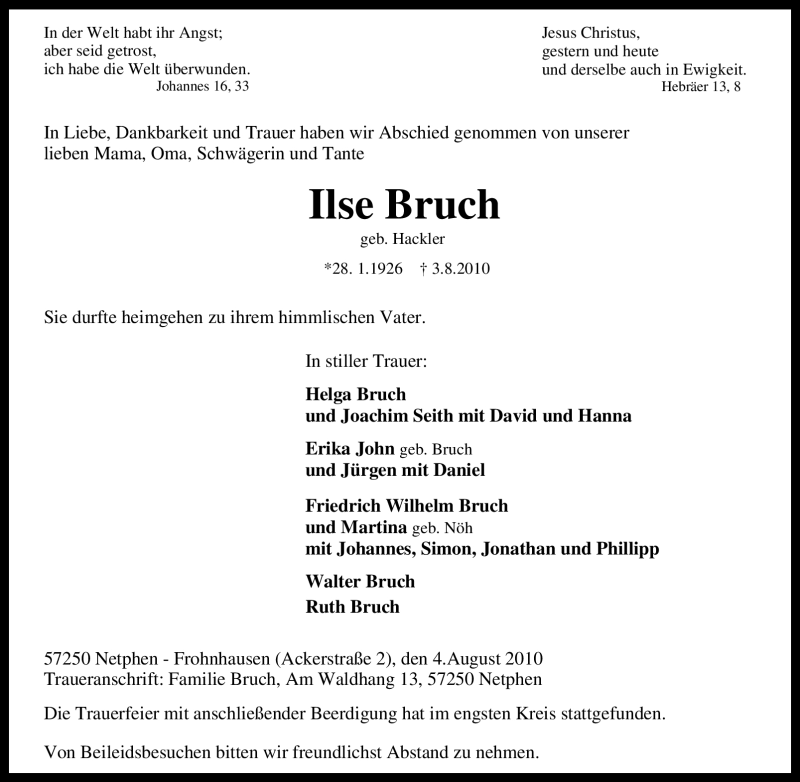  Traueranzeige für Ilse Bruch vom 09.08.2010 aus Tageszeitung
